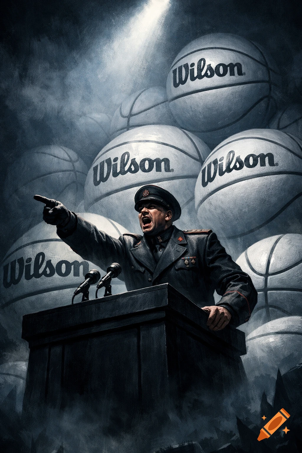A dramatic illustration of a dictator in a military uniform giving a speech at a podium, with a backdrop of many Wilson basketballs.