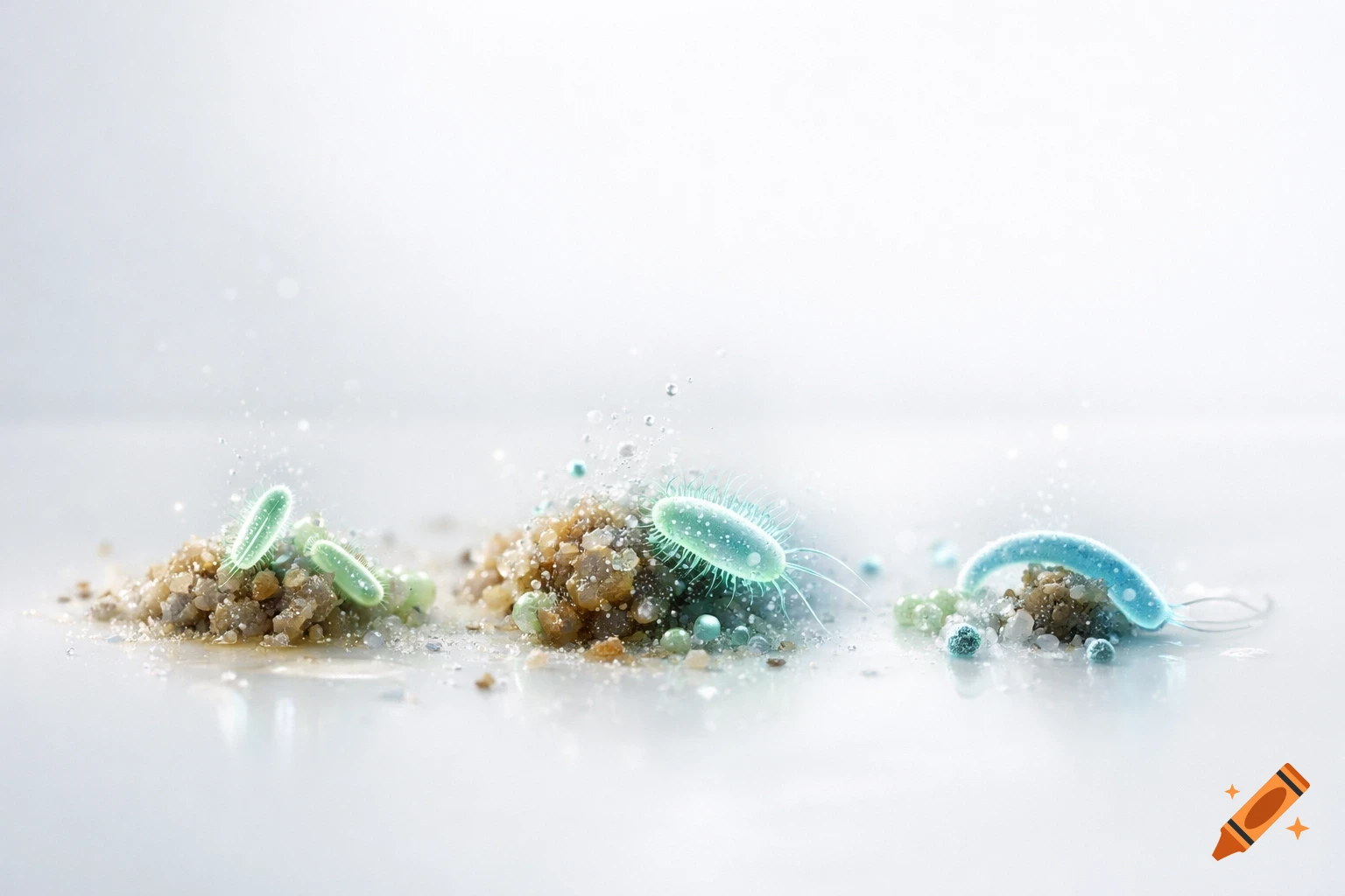 Glowing blue and green microorganisms on small piles of granular dirt, a scientific illustration on a white background.