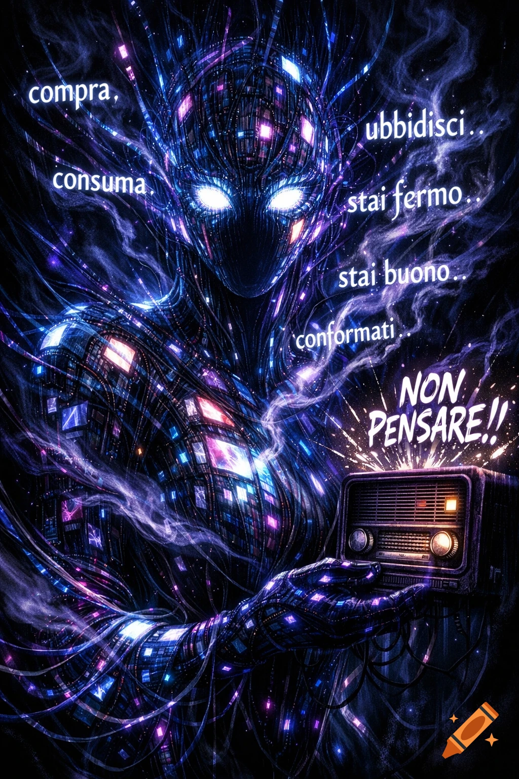 A dark, cybernetic figure with glowing eyes, made of wires and glowing screens, holds an old radio that broadcasts text in Italian.