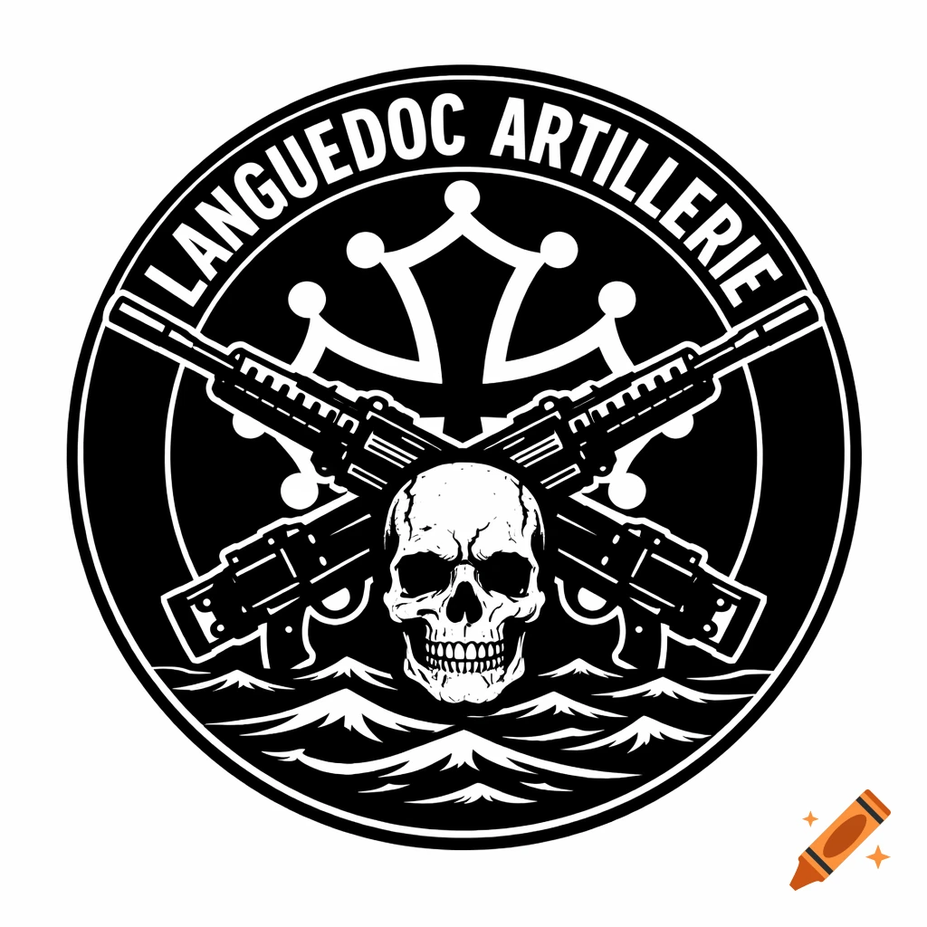 A round black and white logo featuring a skull, two crossed machine guns, waves, an Occitan cross, and the text "LANGUEDOC ARTILLERIE".