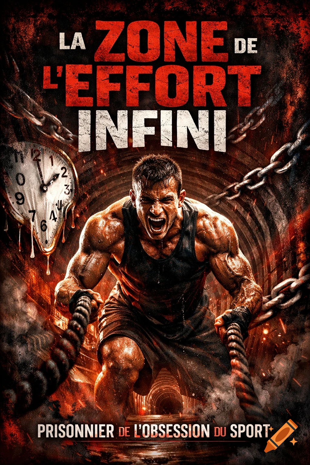 A muscular man intensely exercises with battle ropes, against a fiery background with a melting clock, chains, and text 'LA ZONE DE L'EFFORT INFINI'.
