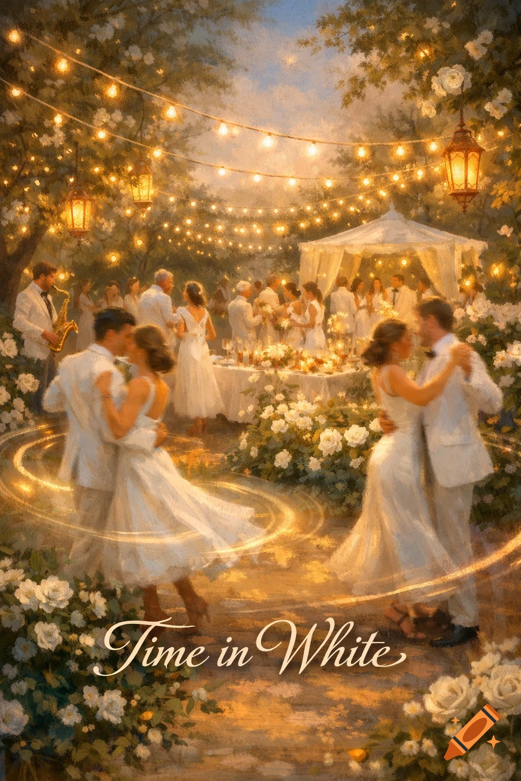 A romantic, painterly image of couples dancing at an illuminated outdoor garden party surrounded by white roses, with the text 'Time in White'.