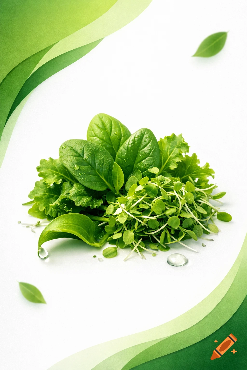 Vibrant pile of fresh green leafy vegetables and microgreens with water droplets on a white background, framed by flowing green bands.