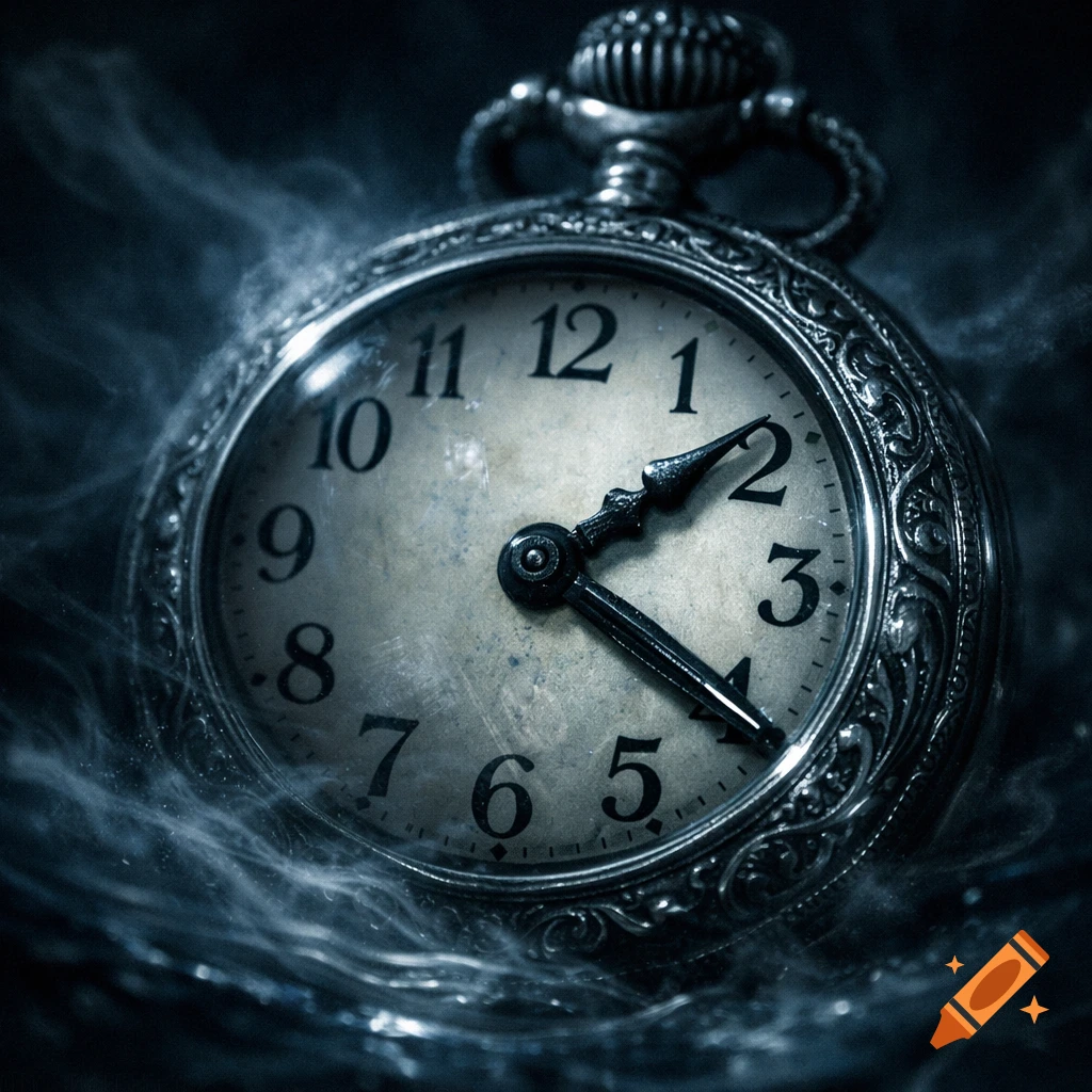 A close-up of an ornate vintage pocket watch, its hands at 2:20, surrounded by wisps of smoke.