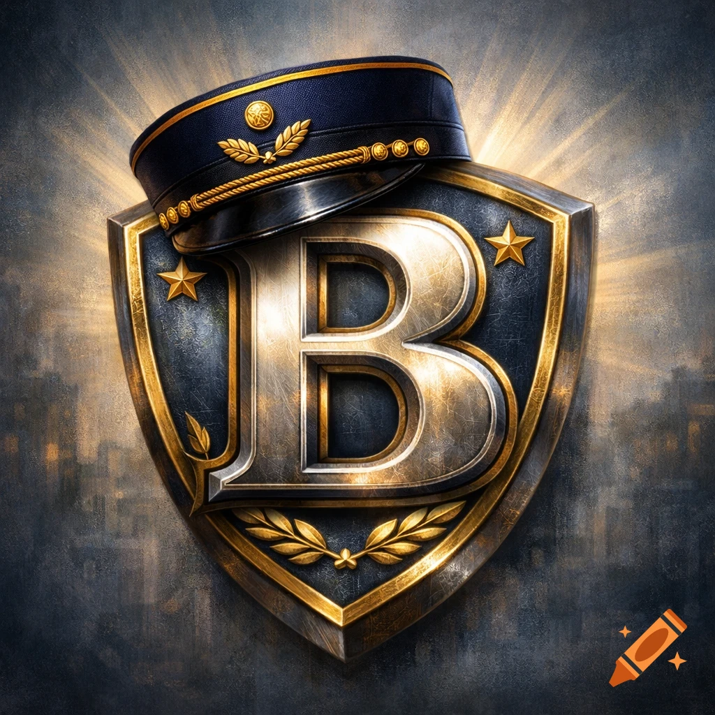 A metallic gold and silver shield with a large letter B, topped by a dark blue police cap with gold trim and emblem.