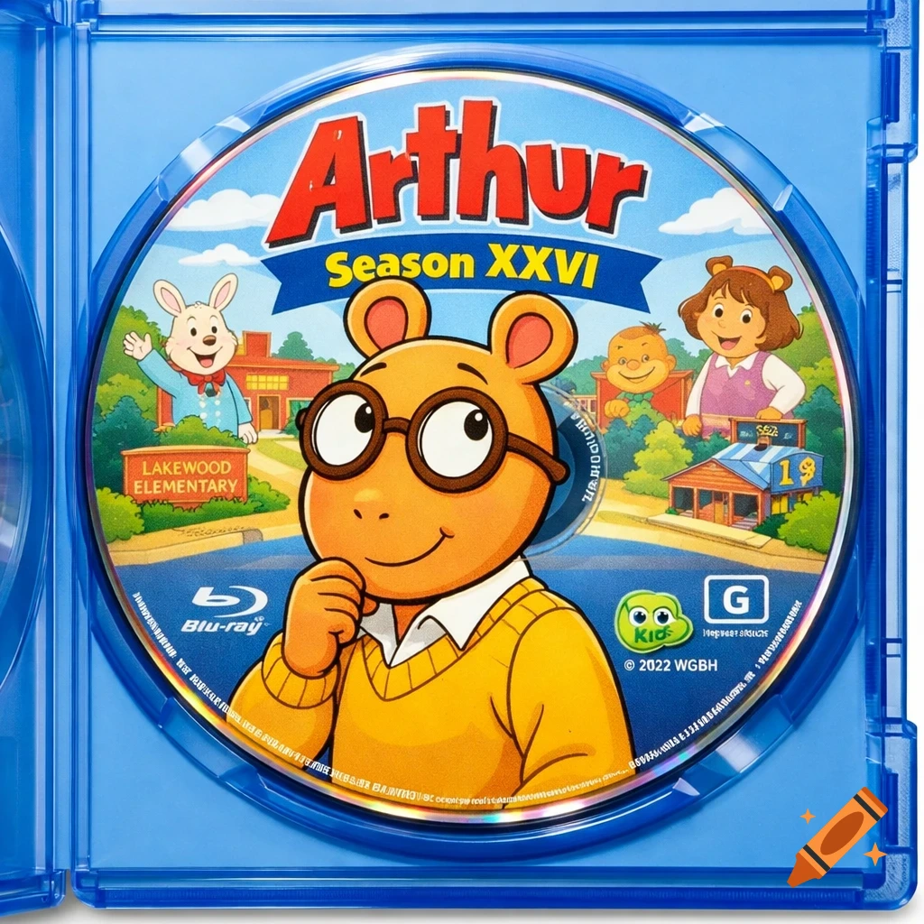 A close-up of an Arthur Season XXVI Blu-ray disc in a bright blue case, featuring Arthur the aardvark and other characters.