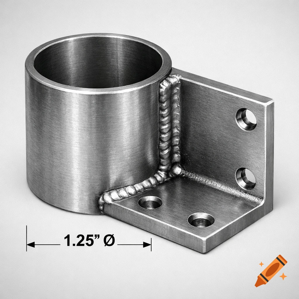 Photorealistic brushed metal sleeve with a welded L-bracket and 1.25" diameter measurement.