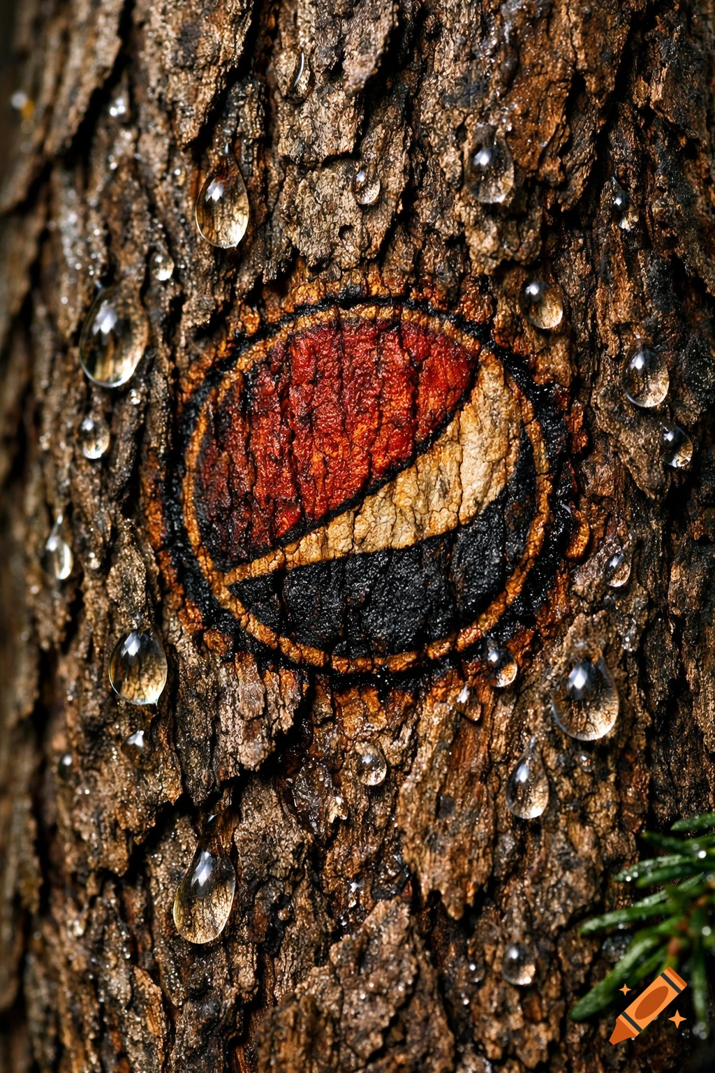 Closeup of fir tree bark with a burnt Pepsi logo and shimmering water droplets, photorealistic style.