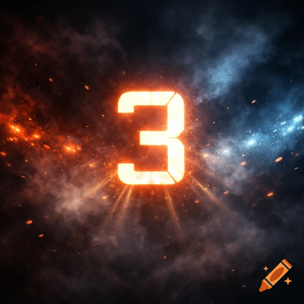 A bright orange glowing number 3 surrounded by fire, smoke, and blue energy sparks against a dark background.