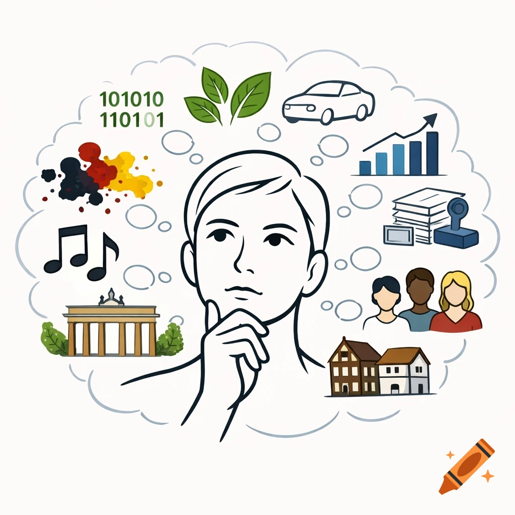 A thoughtful person's head surrounded by thought bubbles containing icons of binary code, leaves, a car, a bar chart, documents, diverse people, houses, music notes, the Brandenburg Gate, and German flag colors.
