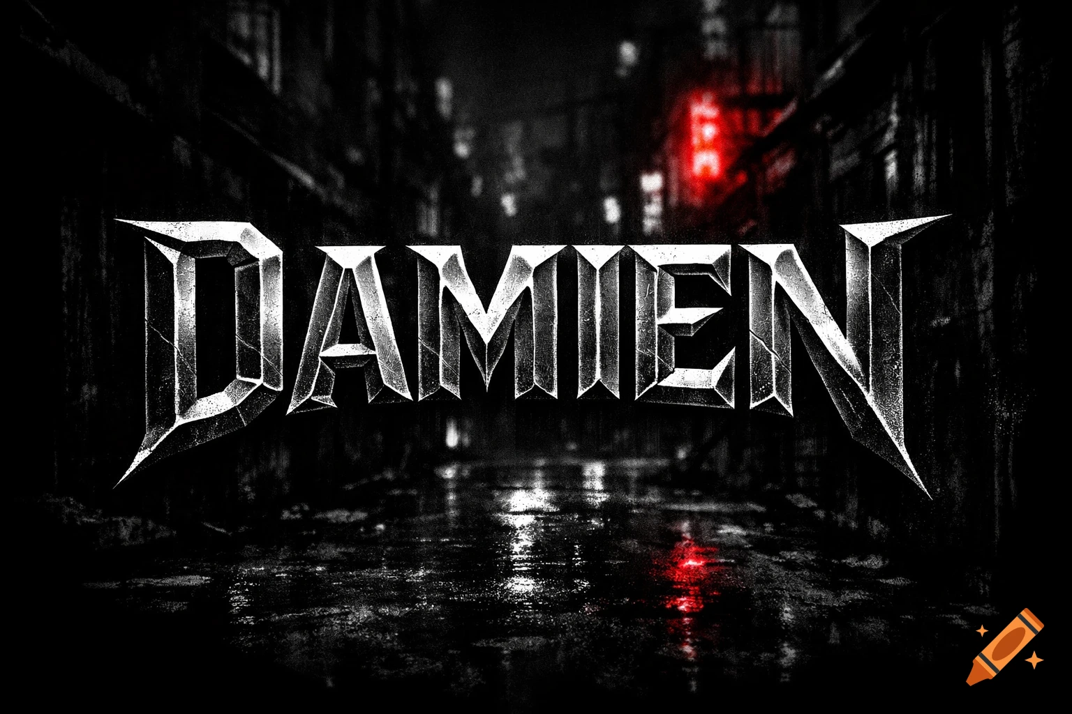 The name DAMIEN in a sharp, metallic, distressed font against a dark, blurry urban street with red reflections.