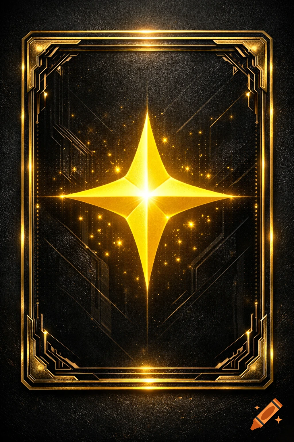 Glowing yellow four-point star in an ornate golden art deco frame on a dark textured background with sparkling effects.