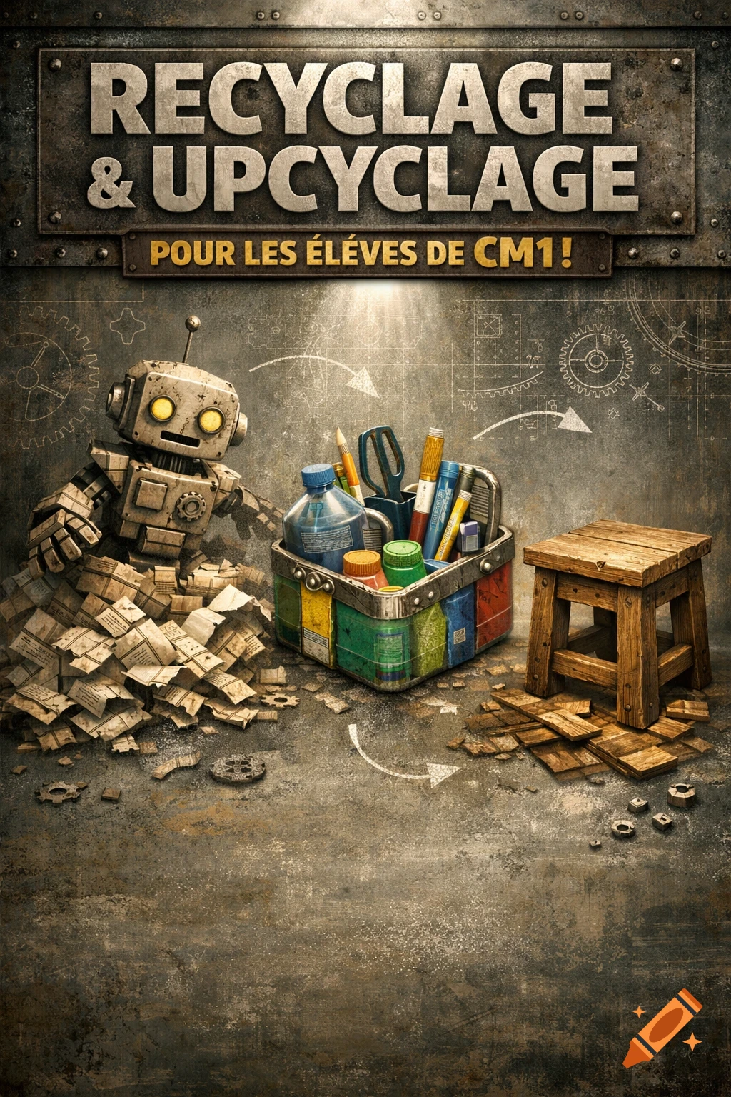 A vintage robot sits on a pile of paper next to a box of plastic and craft supplies, with text 'Recyclage & Upcyclage'.