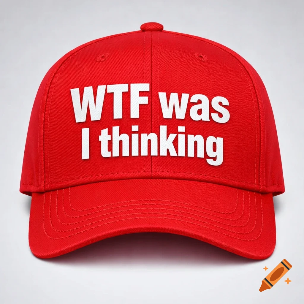 A red baseball cap with white text that reads 'WTF was I thinking' in a style similar to a MAGA hat.