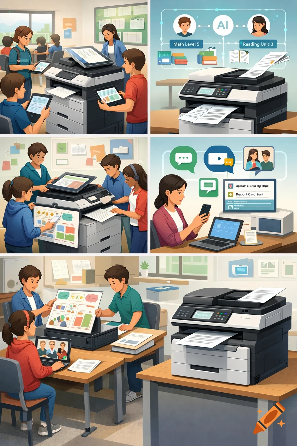 A collage of illustrations showing students and teachers using digital devices and multifunction printers in a classroom setting.