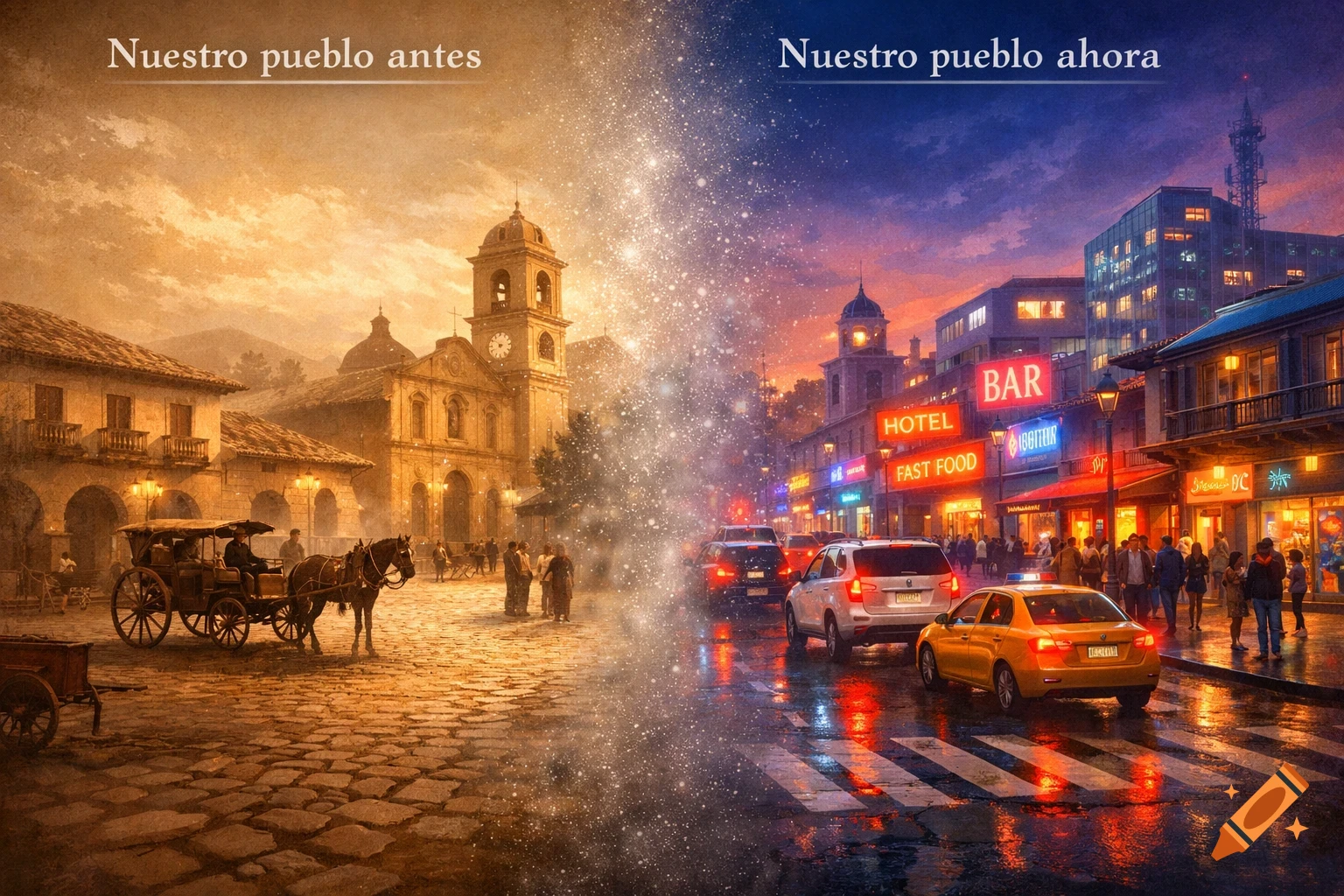 A split image of a town evolving: an old town with a horse carriage and church on the left, transitioning to a modern city street with cars and neon signs on the right, under a text "Nuestro pueblo antes y ahora".