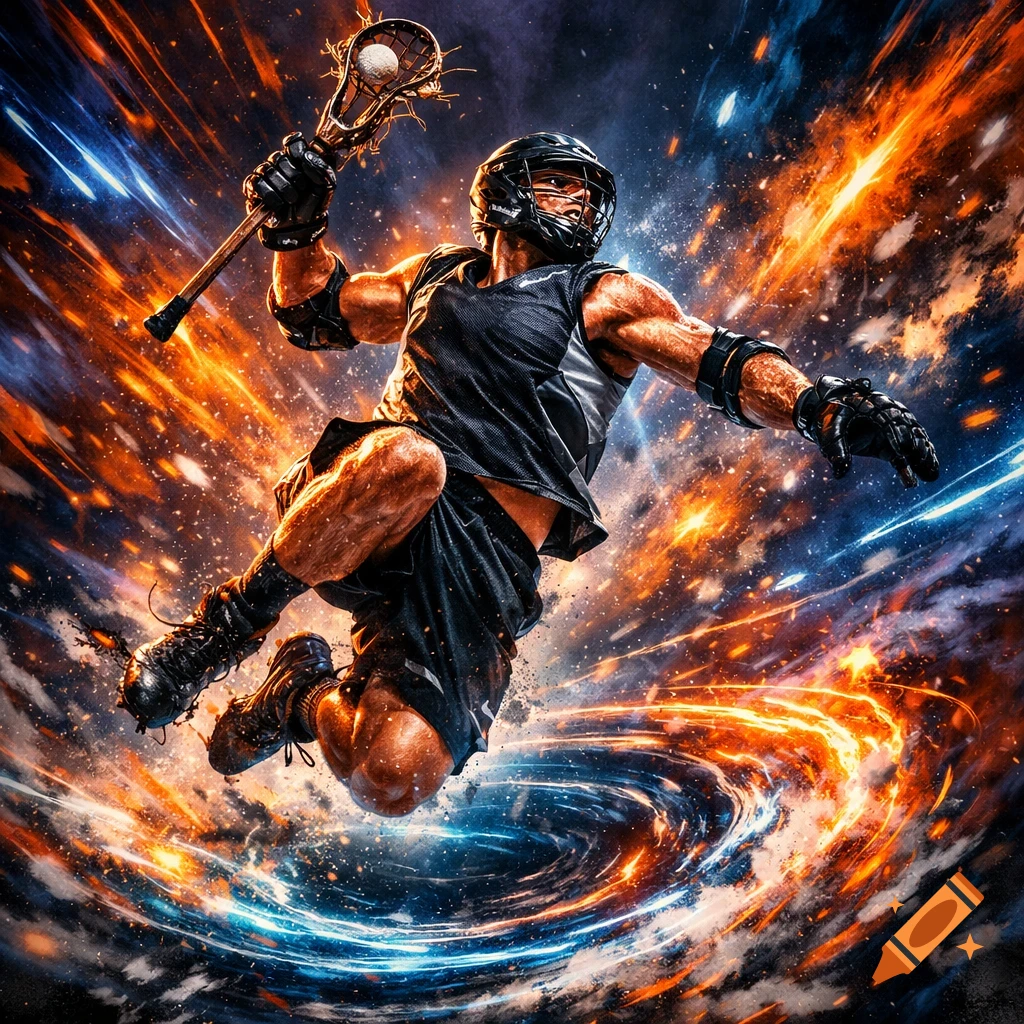 A muscular lacrosse player in a black uniform leaps mid-air, holding a lacrosse stick with a ball, against a fiery and electric vortex background. Dynamic, photorealistic style.