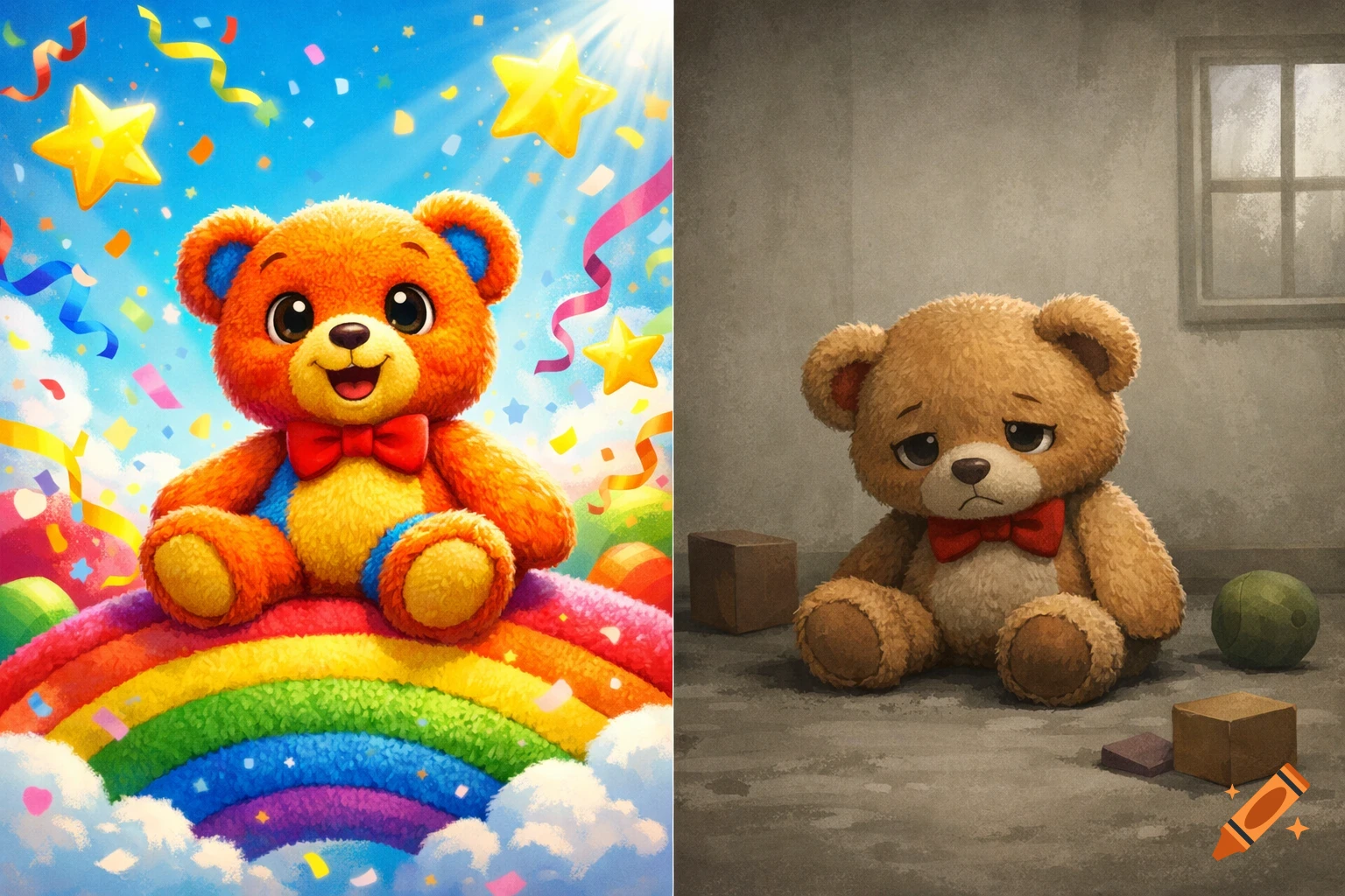 A diptych showing a cheerful orange teddy bear on a rainbow with confetti next to a sad brown teddy bear in a drab room.