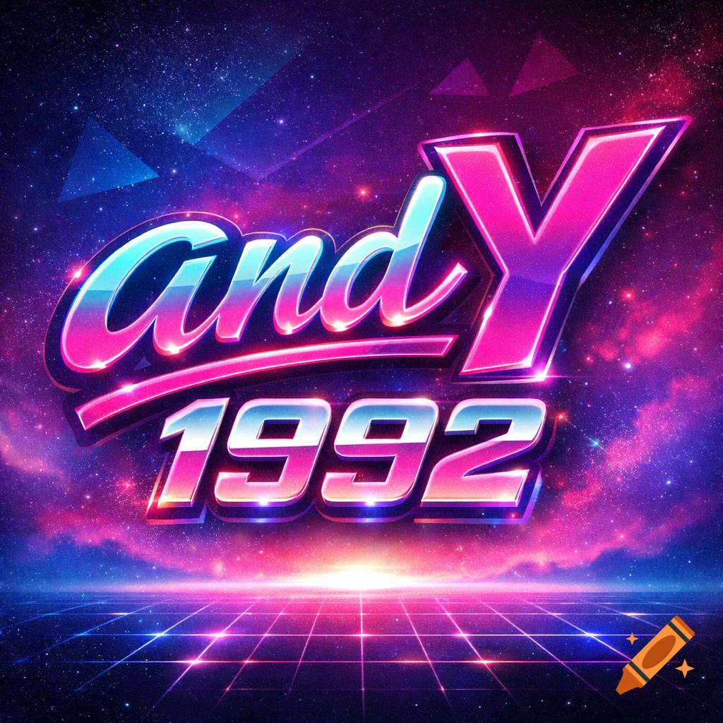Glossy neon text 'and Y 1992' in a retro-futuristic synthwave style with a starry grid background.