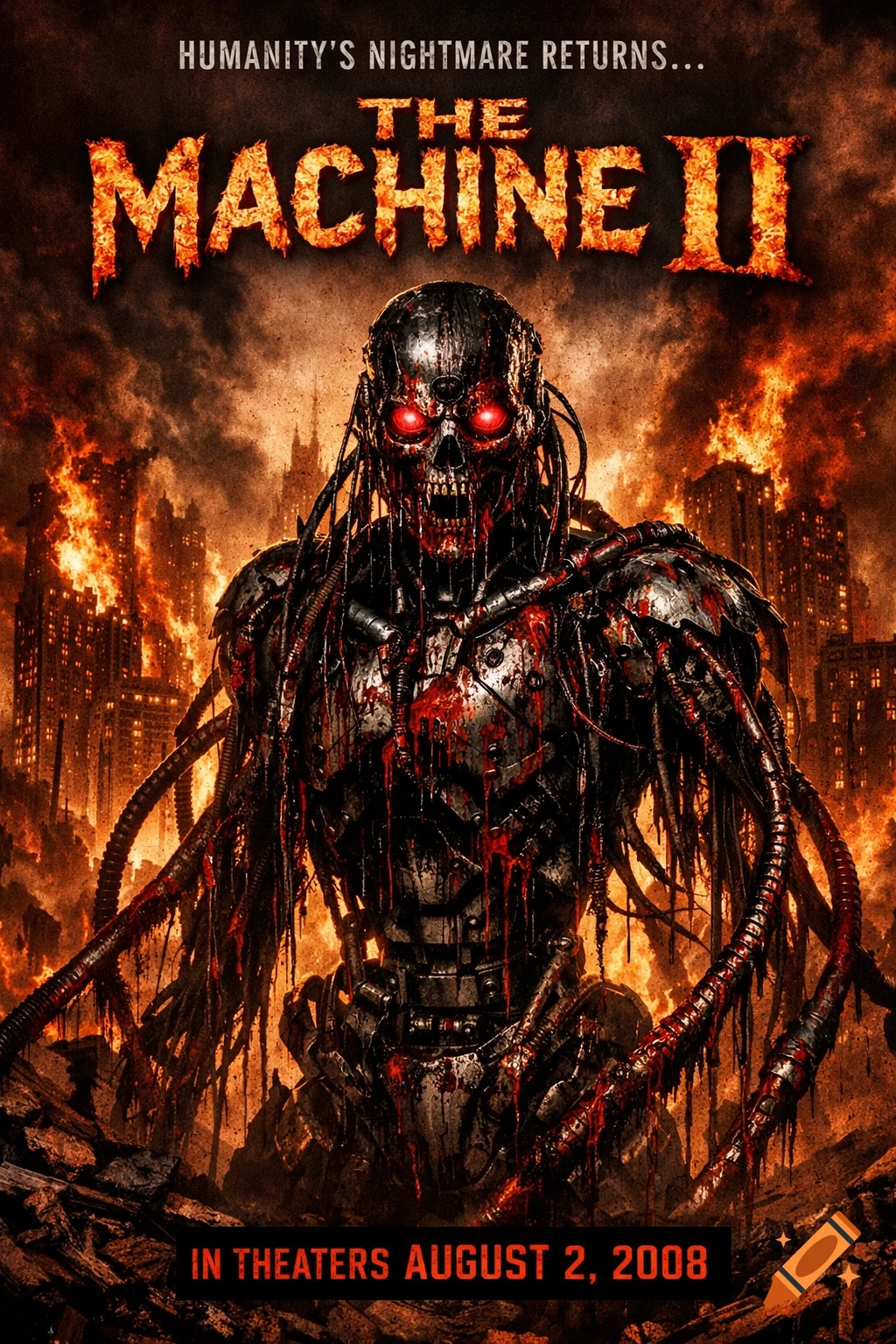 A horror movie poster for "The Machine II" features a bloodied, red-eyed robot against a burning, apocalyptic cityscape.