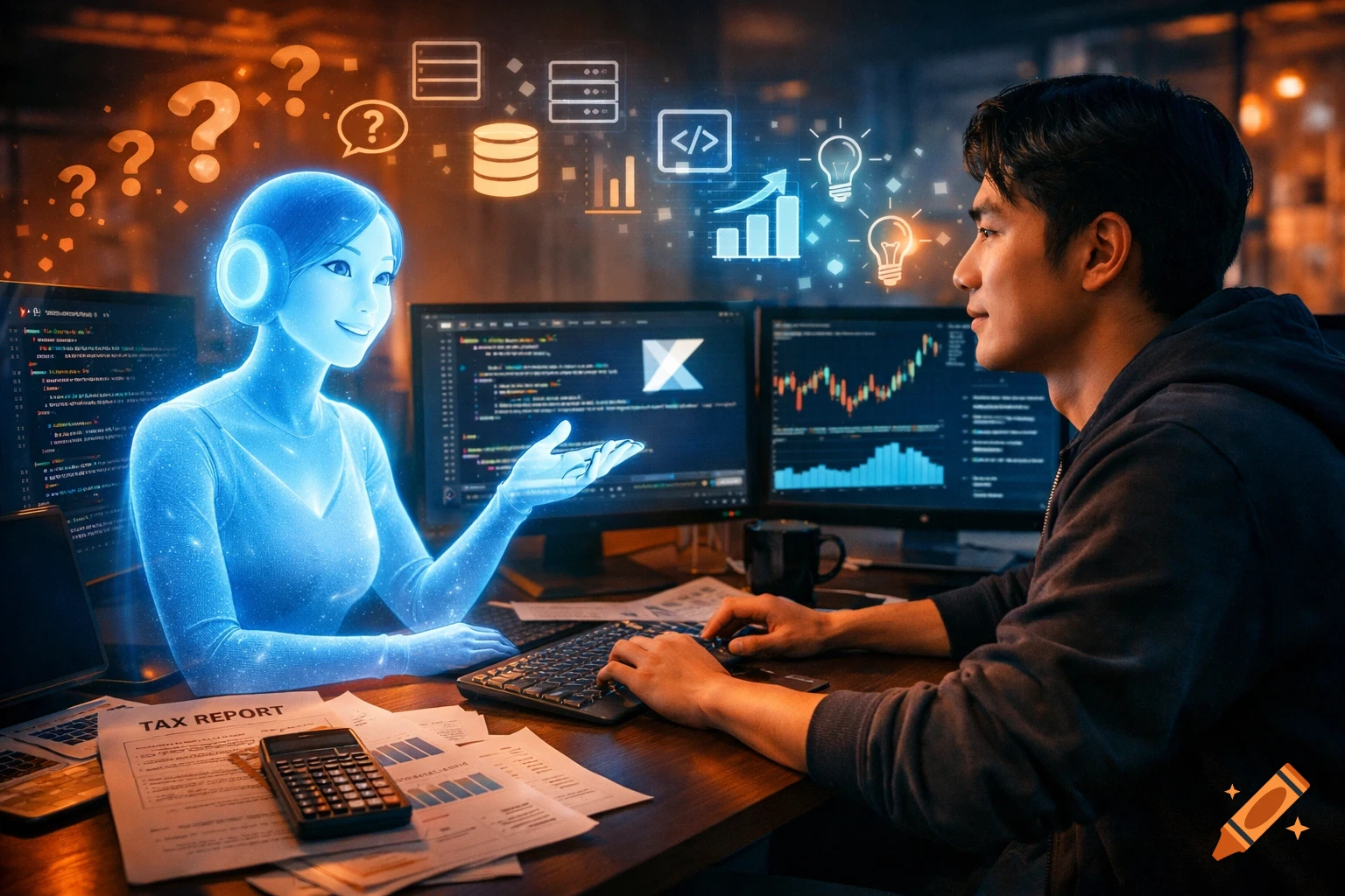 A glowing blue holographic AI assistant gestures across a desk to a focused Korean developer typing on a keyboard, surrounded by monitors displaying code and stock charts. Papers and a calculator are on the desk.