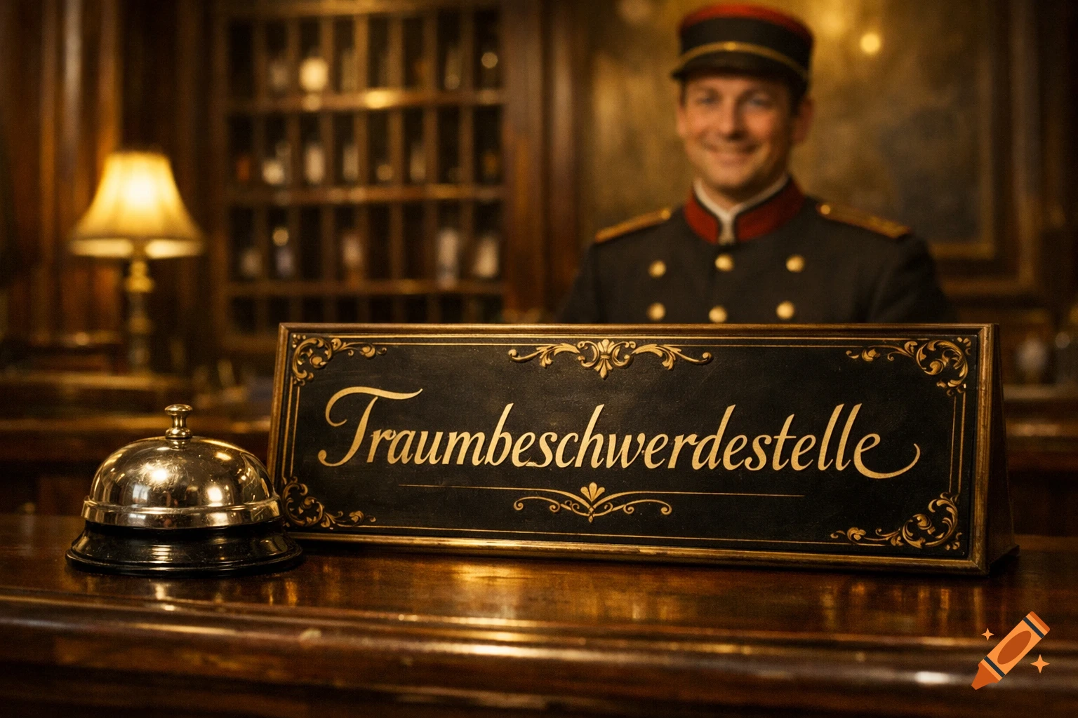 A smiling hotel employee in uniform stands behind a wooden counter with a silver bell and a sign reading "Traumbeschwerdestelle".