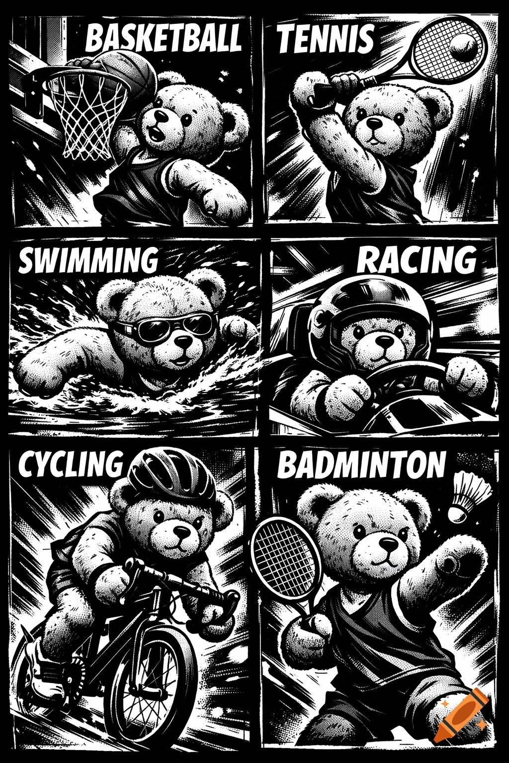 Six panels show black and white comic-style teddy bears performing sports: basketball, tennis, swimming, racing, cycling, and badminton.