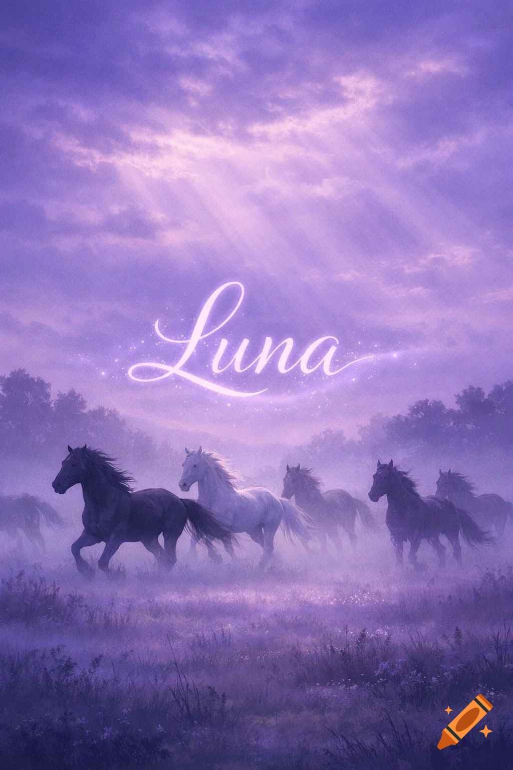 Mystical purple landscape with several horses running through mist, under a glowing 'Luna' in the sky.