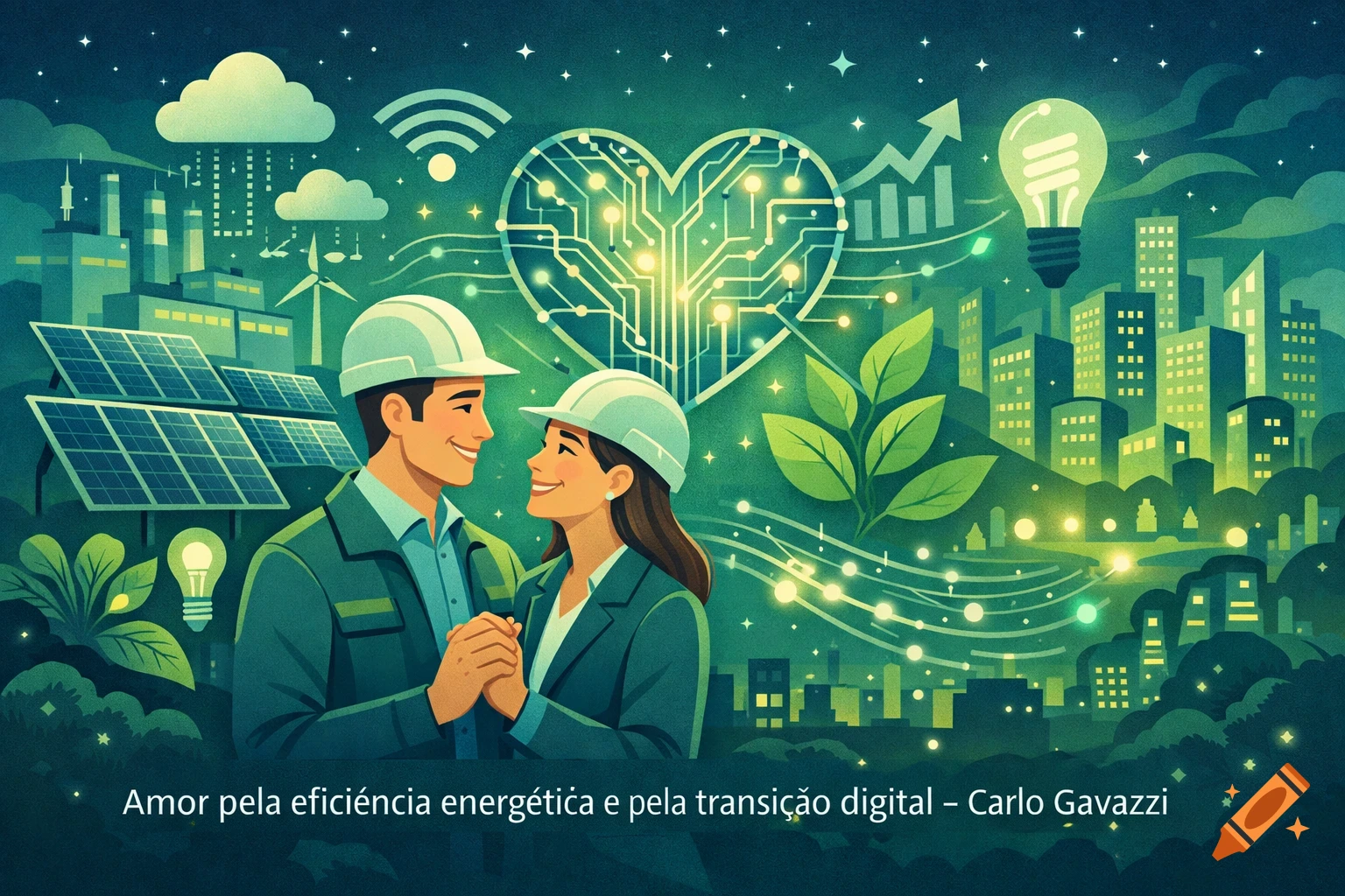 Flat modern illustration of an engineer couple holding hands, surrounded by a smart city, solar panels, and tech circuits. Text: Amor pela eficiência energética e pela transição digital - Carlo Gavazzi.