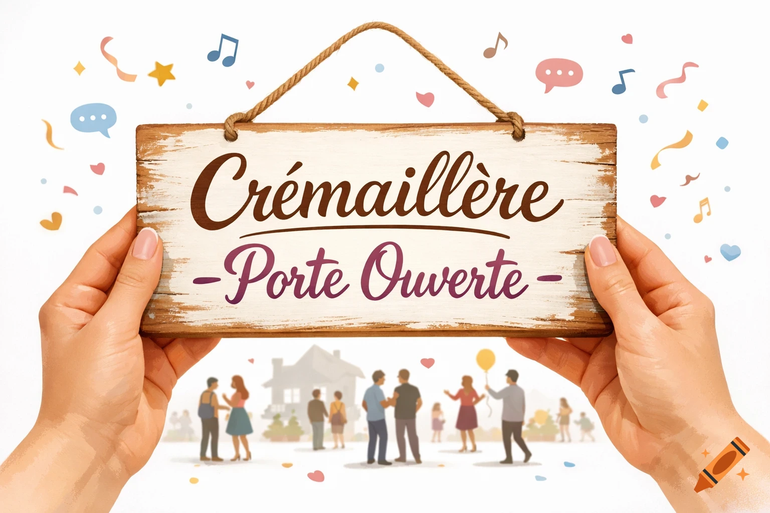 Illustrated hands hold a wooden sign reading 'Crémaillère - Porte Ouverte,' surrounded by stylized people, houses, confetti, and music notes.