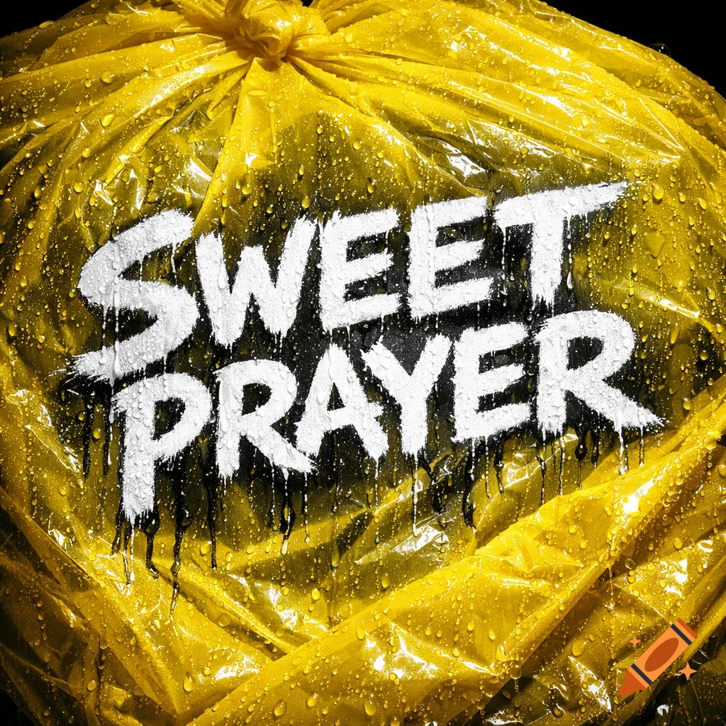 A close-up of a wet, crumpled yellow plastic bag with large white text "SWEET PRAYER" dripping with black liquid.