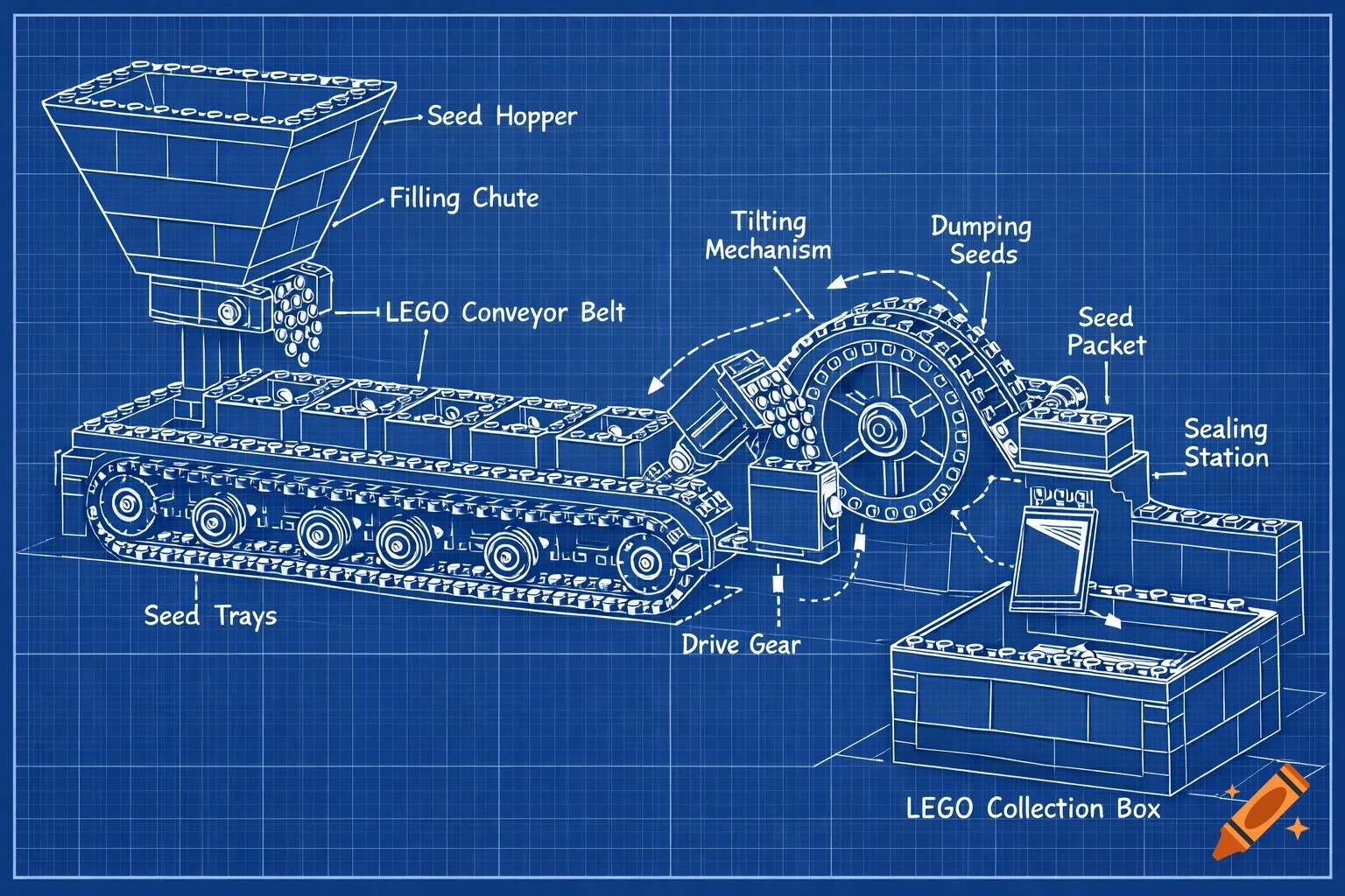 Blueprint diagram of a LEGO seed packaging machine with a hopper, conveyor belt, and collection box.