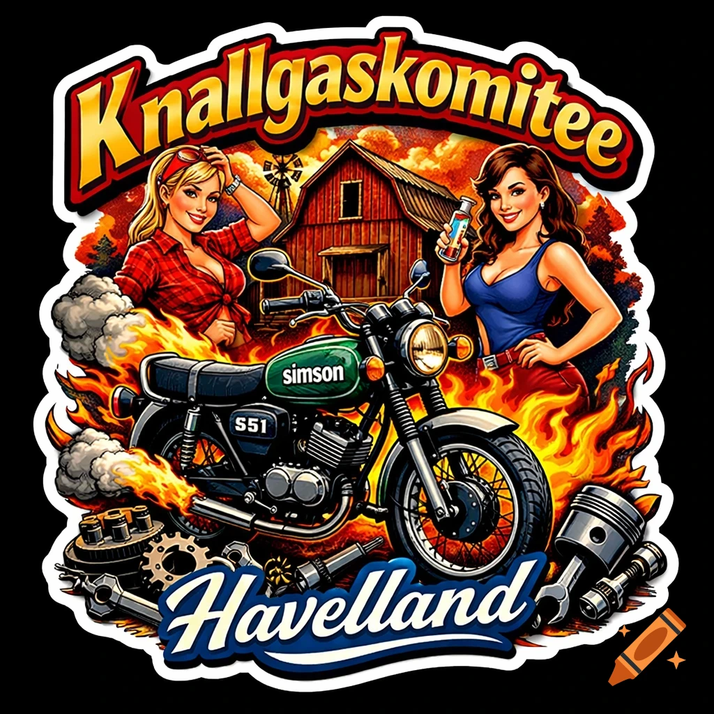 A cartoon sticker features a green Simson S51 motorcycle engulfed in flames and smoke, flanked by two pin-up style women, one in plaid and one in blue, against a barn and windmill backdrop. Engine parts are scattered below, and text reads "Knallgaskomitee" and "Havelland".