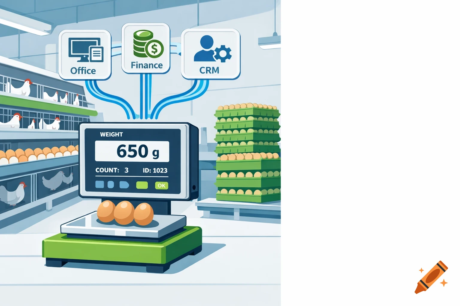 Flat illustration of a smart egg farm with a weighing device displaying data connected to Office, Finance, and CRM system icons.