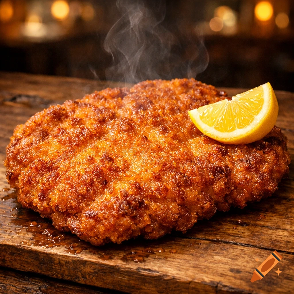 A close-up shot of a golden-brown, crispy schnitzel with steam rising, topped with a fresh lemon wedge, on a rustic wooden board.