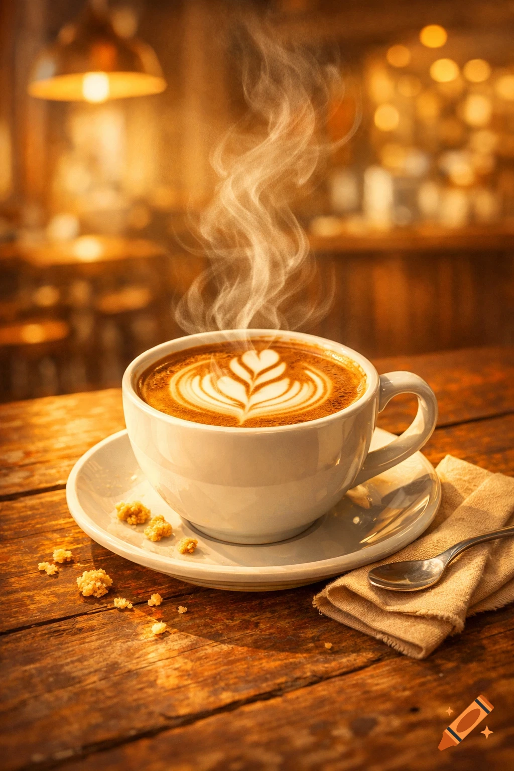 Steaming coffee cup with intricate latte art on a rustic wooden table in a warm-toned cafe, photorealistic.