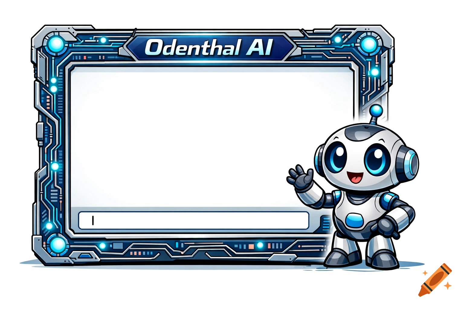 A cute cartoon robot waves next to a futuristic digital input frame with Odenthal AI at the top, in comic style.