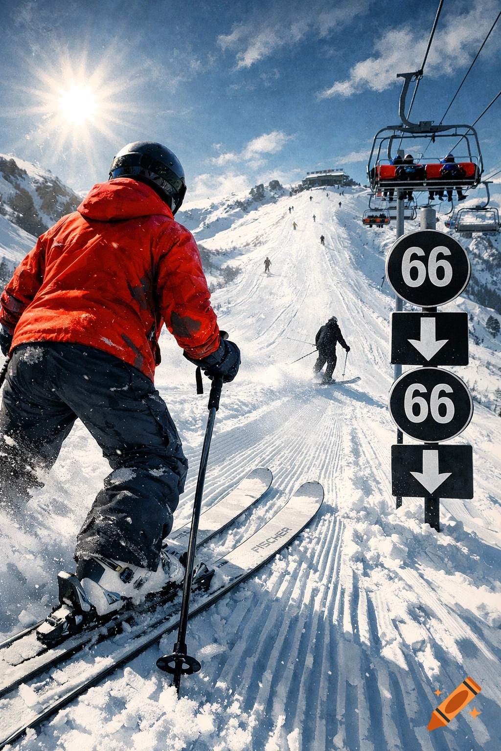 A photorealistic image of a skier in a red jacket looking down a snowy mountain slope with a chairlift and other skiers.