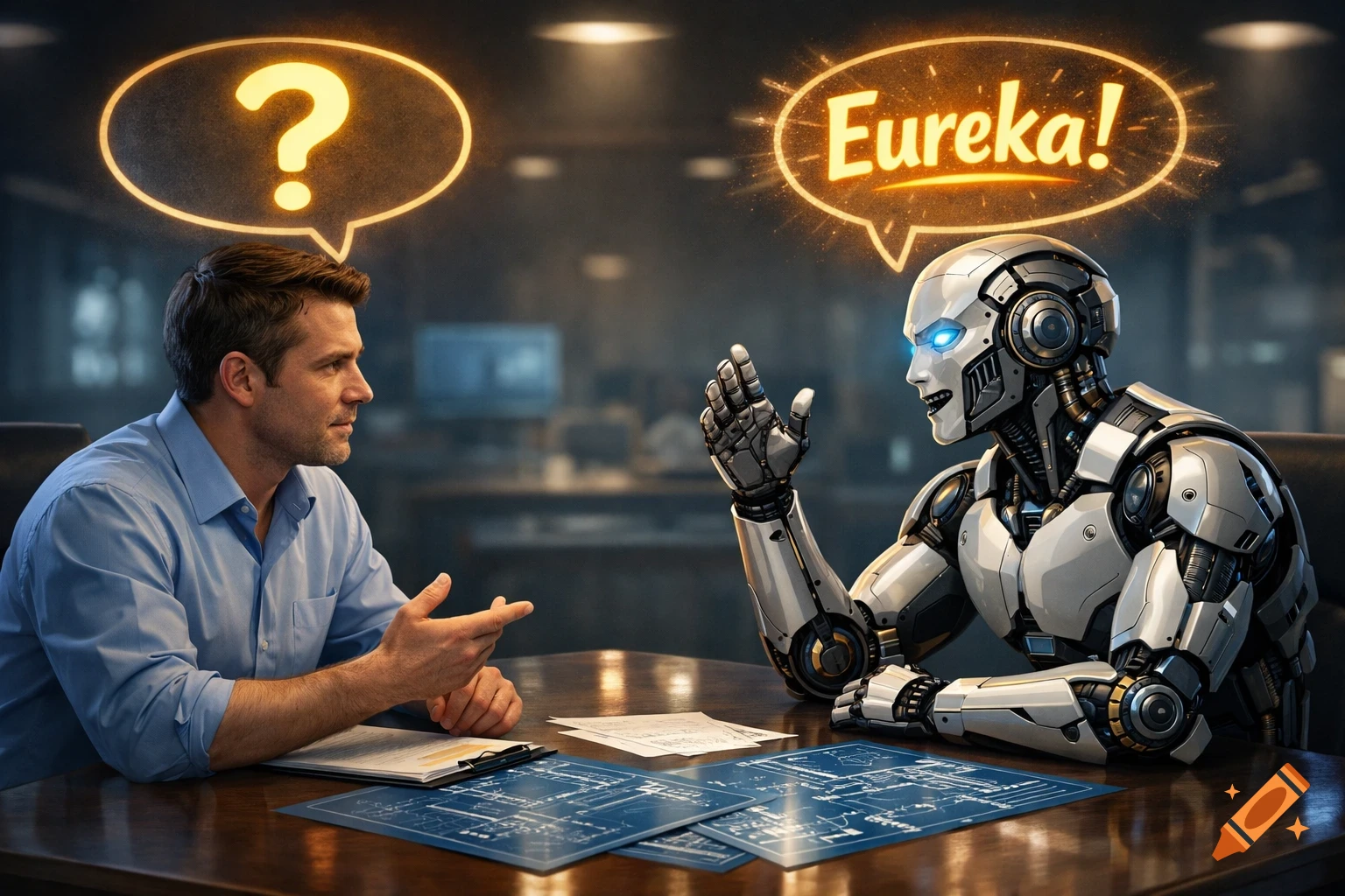 A photorealistic image of a man and a robot at a table. A '?' thought bubble is above the man, 'Eureka!' above the robot.