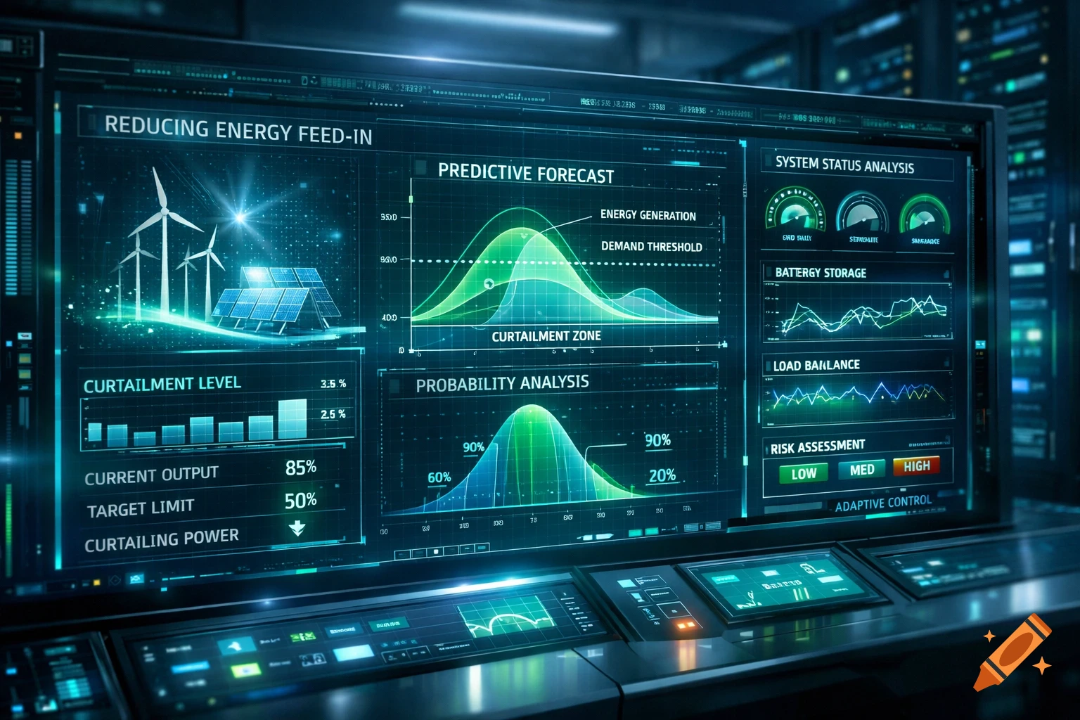 A sophisticated digital control screen displays real-time energy management data with graphs, percentages, and status indicators for wind and solar power generation, alongside risk assessment gauges.