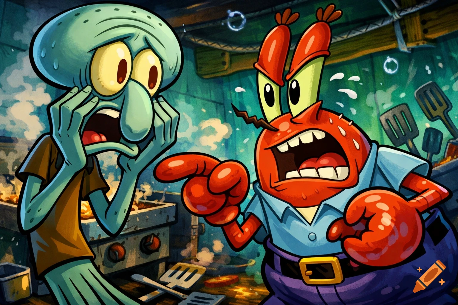 Panicked Squidward and angry Mr. Krabs point in a cartoon kitchen filled with smoke.