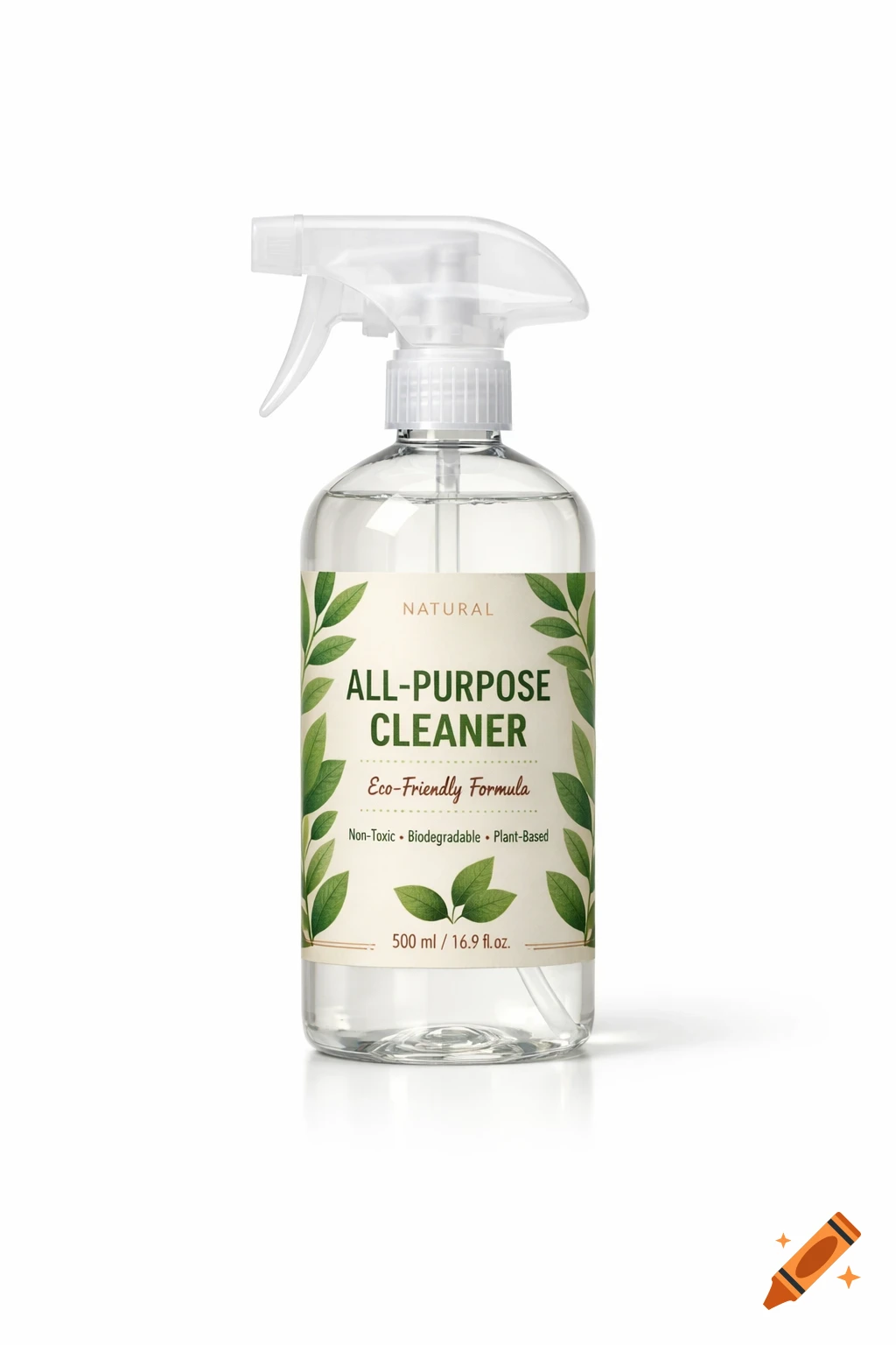 Photorealistic image of a clear bottle of "NATURAL ALL-PURPOSE CLEANER" with a green leaf label design on a white background.