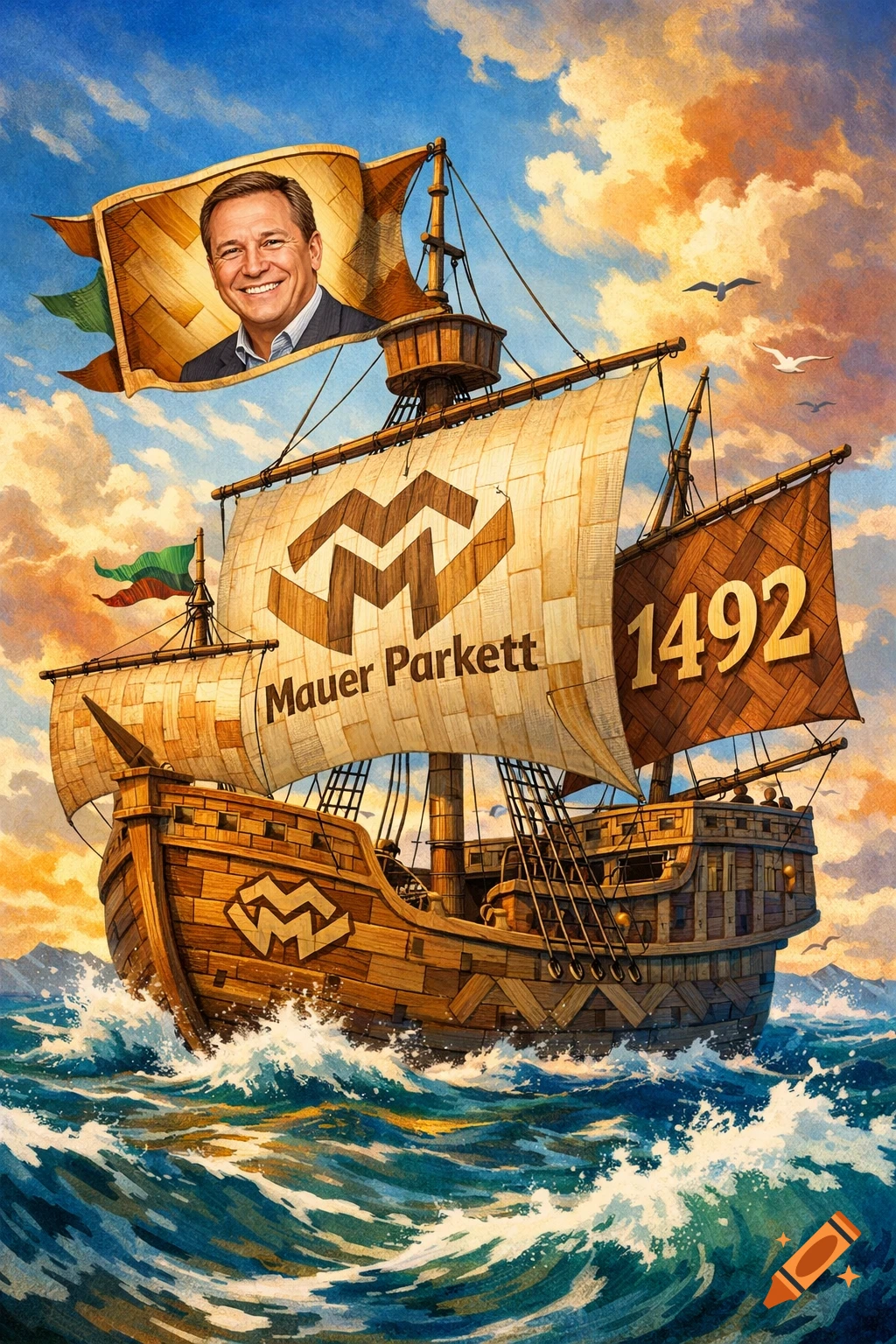 An illustrative painting of a large wooden sailing ship, like the Santa Maria, with a man's smiling face on a flag and 'Mauer Parkett' and '1492' on its sails, on a rough sea under a dramatic sky.
