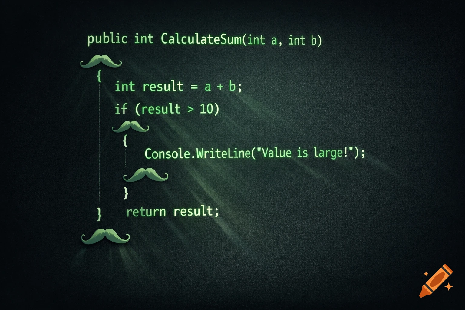 C# code for a CalculateSum function on a dark screen, with green mustaches replacing curly braces.