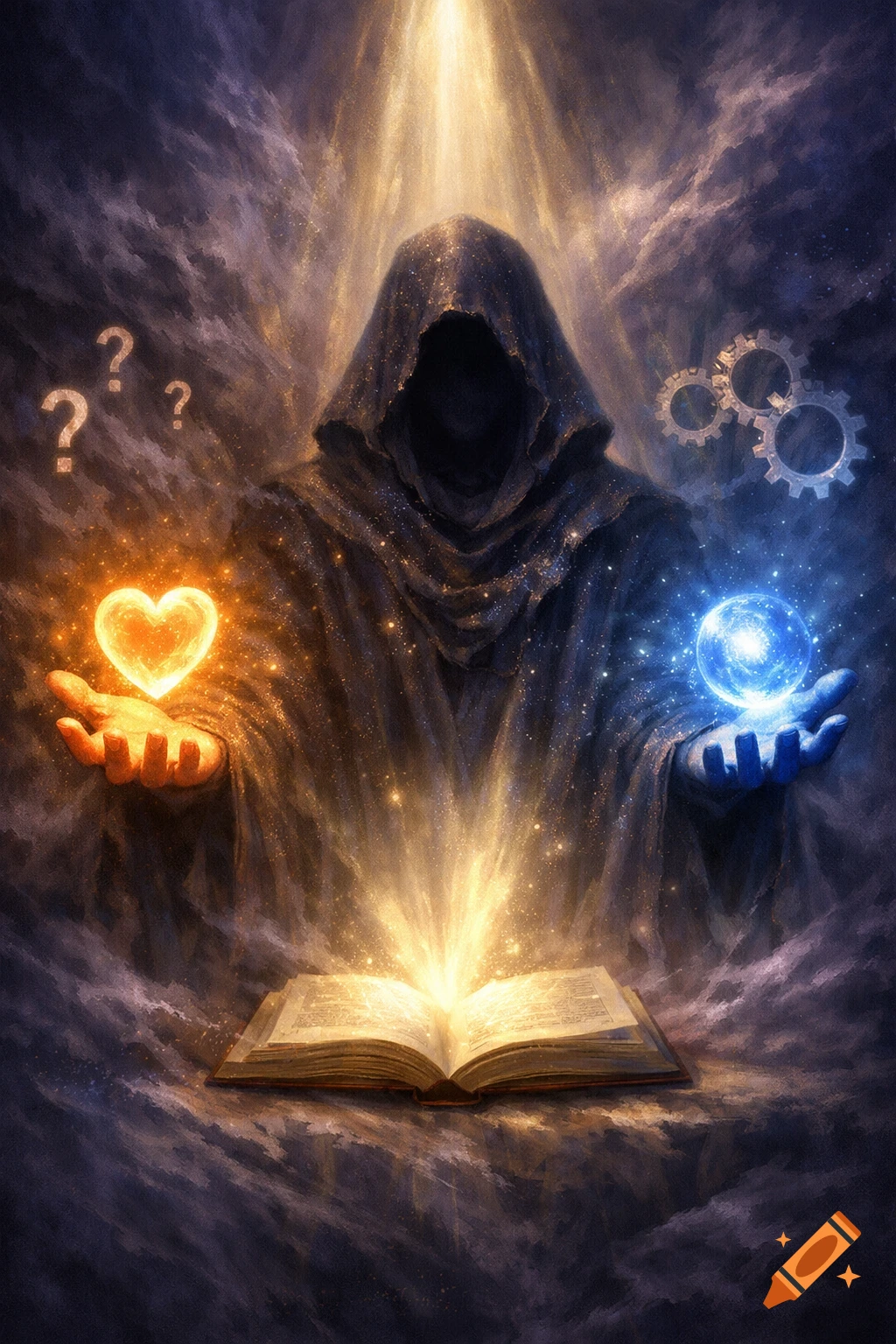 A hooded, cloaked figure with a dark, obscured face holds a glowing orange heart in one hand and a luminous blue orb in the other, above an open glowing book. Question marks float to the left, and gears to the right, against a cosmic, dark background with golden light rays from above.