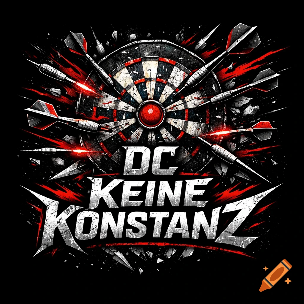 A stylized dartboard logo with multiple darts stuck around the bullseye, with red energetic streaks and the white text 'DC KEINE KONSTANZ' on a black background.