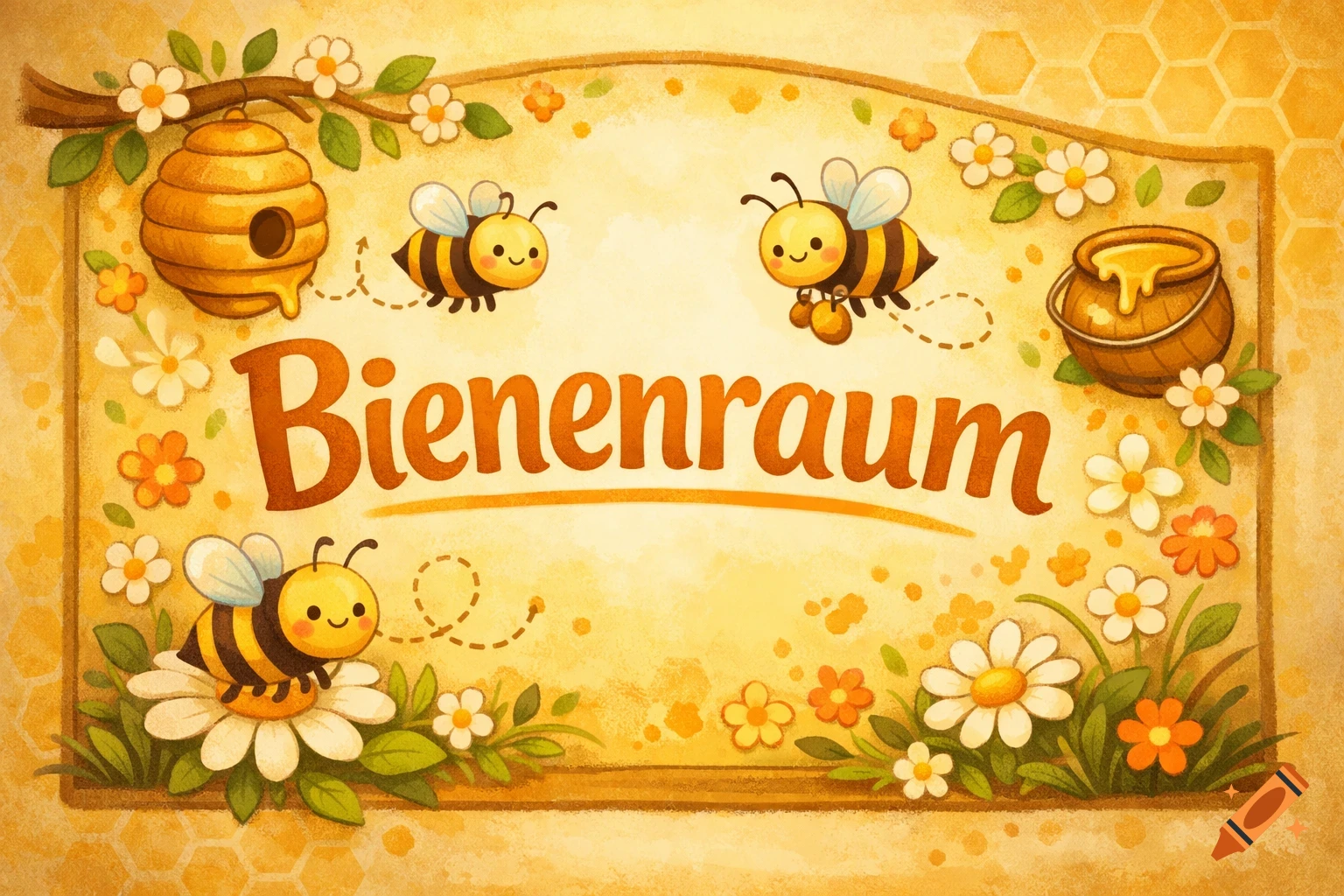 A watercolor illustration of a sign for a bee room, featuring three cute cartoon bees, a beehive, a honey pot, and flowers on a yellow background with honeycomb patterns. The text reads 'Bienenraum'.