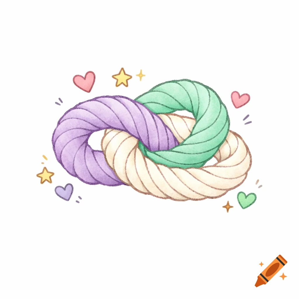 Handdrawn illustration of intertwined pastel lavender, mint, and cream yarn loops, surrounded by small doodle hearts and stars on a white background.
