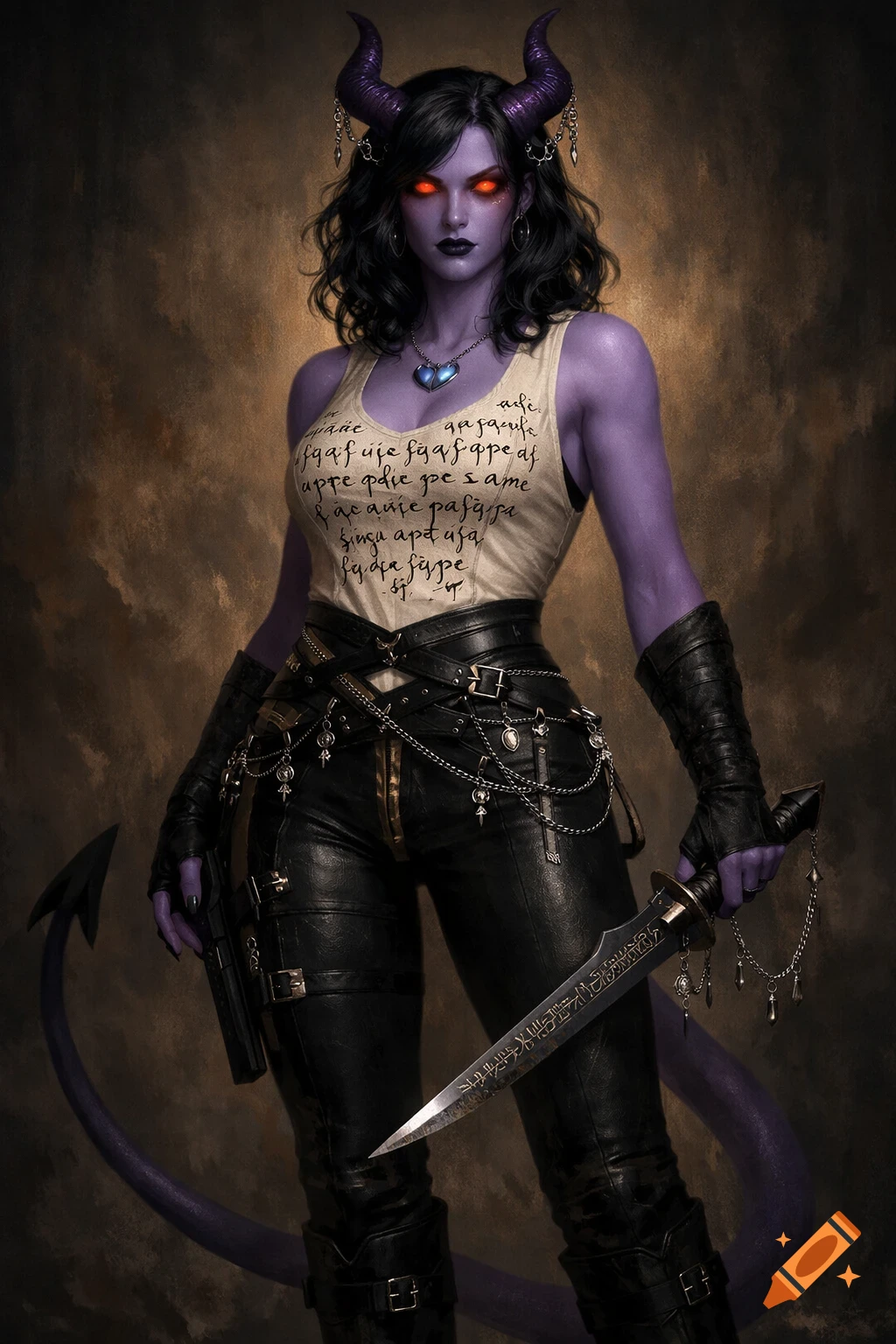 A female tiefling with purple skin, dark hair, red eyes, and horns ...