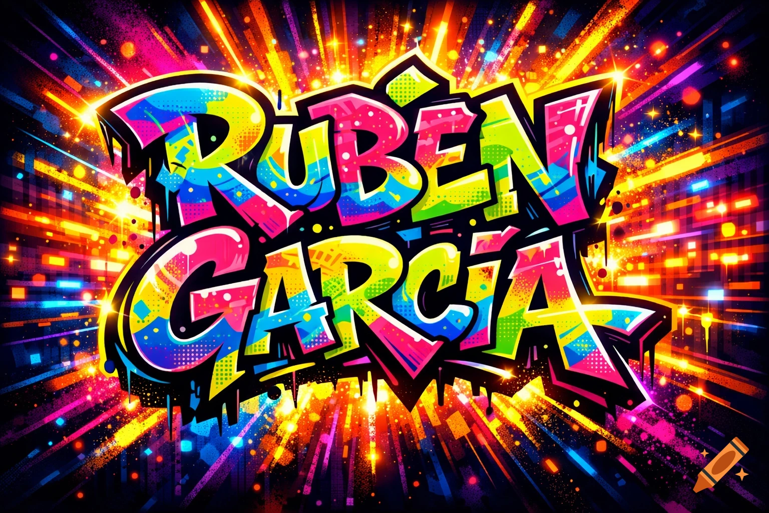 Vibrant graffiti art spelling 'RUBÉN GARCÍA' with a bright, colorful, neon-like background of light streaks and particles.